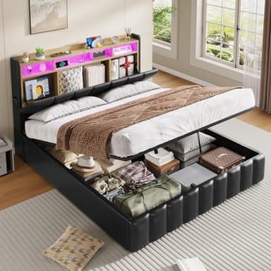 KIMENICH Lit Coffre 160 x 200 à LED, Lit Hydraulique avec Étagères Ouvertes et Rangement Caché en Tête de Lit Capitonné, lit 2 Personnes avec Lattes en Bois, Lits 160 x 200 avec Sommier en PU Noir