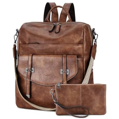 Kasgo Sac a Dos Femme Cuir PU, Grand Set de Sac à Main Porté Dos 14 Pouces Multi-poches Élégant Convertible Antivol avec Pochette pour Voyage Travail Marron