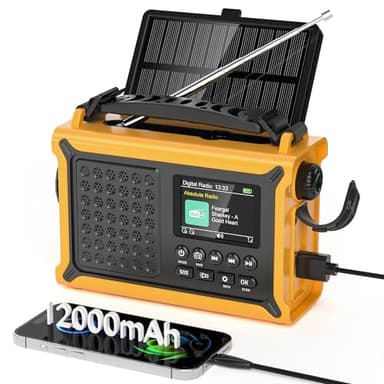 Dab/Dab+ Radio d'urgence Portable, FM Digital Radio avec Solaire Dynamo 12000mAh, Manivelle Solaire, 2,4 "Grand Affichage Couleur, Bluetooth 5.0, 5 Méthodes de Chargement, Alarme SOS de Camping