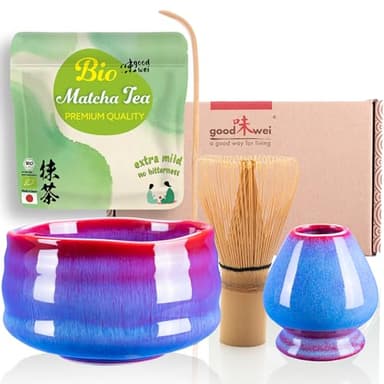 Goodwei Matcha Kit Thé Matcha BIO Japonais avec Fouet Bambou, Bol de Cérémonie en Céramique et support à fouet | Coffret cadeau (Seiun)