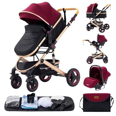 GLOKID Poussettes 3 en 1 Citadines Poussettes Combinées Poussette Tricycle Baby Walker Poussette Haute Paysage Poussettes Pliantes Trolley Bébé Landau pour 0-36 (Rouge)…