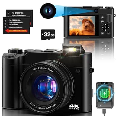 Appareil Photo Numérique 4K 64MP Autofocus Vlogging Caméra pour Youtube avec Carte SD, Double Caméra Avant et Arrière avec Zoom Numérique 16X Anti-secousse, 2 Piles pour Adolescents, Débutants