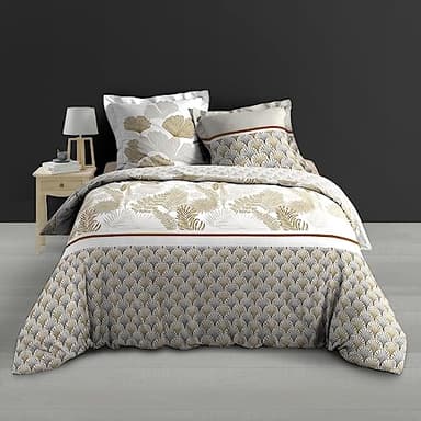 Douceur d'Intérieur, Parure de Lit 3 Pièces (240 x 220 cm) Melisse Naturel, 100% Percale de Coton