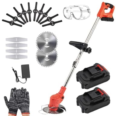Débroussailleuse sans fil 3-en-1 TWZ pour jardin avec 2 batteries et 16 lames, coupe-herbe électrique à hauteur réglable, 3 types de lames remplaçables, pour tondre, tailler et scier les pelouses, und