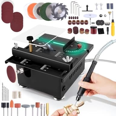Mini Scie de Table 100W pour Bois, Profondeur de Coupe Réglable de 0 à 16mm, 7 Vitesses, 4 Lames, Petit Banc de Scie pour Menuiserie, Bricolage, Modélisme et Découpe de PCB