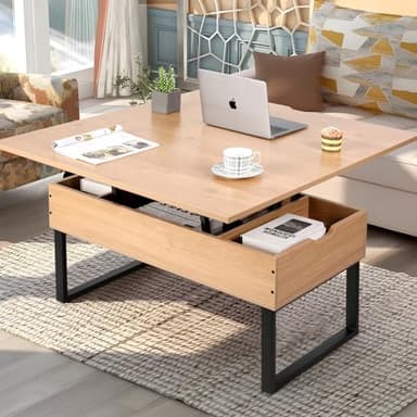 VOWNER Table Basse Relevable, Table de Salon Multifonctionnelle 3 en 1 avec Rangement Caché, Table Basse Convertible Manger de Salon, Couleur du Bois