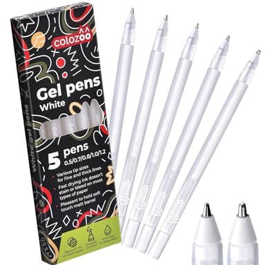 colozoo Lot de 5 stylos gel blancs avec tailles de pointe : 0,5, 0,7, 0,8, 1,0, 1,2 mm, pour papier noir, stylo blanc opaque