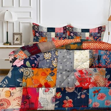 LSSLK Couette Imprimée Patchwork Vintage Couette 220x240 4 Saisons pour 2 Personnes, Couette Réversible sans Housse Plaid Fleuri Edredon avec 2 Taies d'oreiller - Lavable en Machine