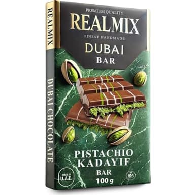 REALMIX Chocolat de Dubaï, Fourré à la Pistache et au Kadayif Croustillant, Tablette Premium, Fabriqué aux Émirats Arabes Unis (U.A.E.), Expérience Gourmande (100 grammes, Chocolat Au Lait)