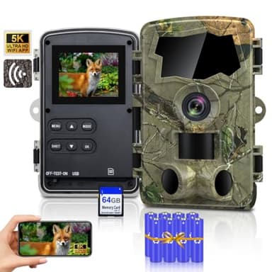 Caméra de Chasse 5K WiFi, Full HD 64 MP avec Application de Transfert vers téléphone Portable et Batterie, caméra Infrarouge pour Animaux Sauvages avec Carte SD 64 Go et 8 Piles AA, Vision Nocturne