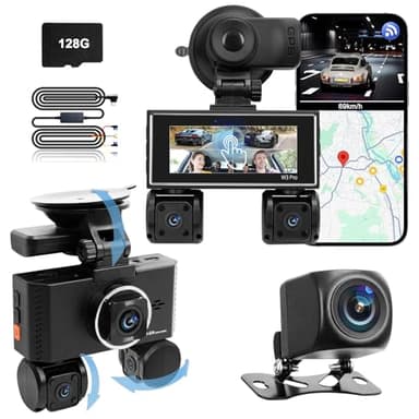 Dashcam Voiture 360 degrés, Camera Voiture 360° Dash cam, avec 4 x Camera 1080P Avant et Arriere Gauche Droite, écran Tactile, Mode Parking 24 Heures, WiFi/GPS/capteur G/Carte 128 Go/câble réducteur