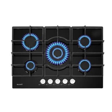 Plaque gaz 5 feux en verre noir - Brûleurs et grilles en fonte - 10 800 Watts encastrement 56x49 cm