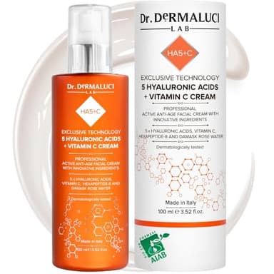 Crème Hydratante Visage BIO 100ml aux 5 Acides Hyaluroniques, Vitamine C, Hexapeptide & Rose Damascena | Soin Anti-Âge Naturel | Anti-Rides, Élastifiant et Éclat | Made in Italy