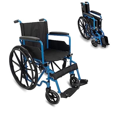 Mobiclinic®, Fauteuil roulant pliable, Marsella, Roulettes à dégagement rapide avec bouton, Robuste, Siège 46cm, Repose-pieds pliants, Accoudoirs pliables, Poignée de frein, Roues 24", Bleu
