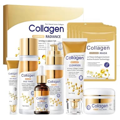 Coffrets de Soins pour la Peau, Collagène Coffret Soin Visage Femme, Coffret Soin Inclure Nettoyant Visage, Toner Visage, Crème Visage, Collagene Masque, Serum Visage, Creme Yeux, 11 Pièces
