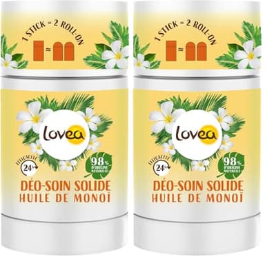 LOVEA - Déo-Soin Solide - Déodorant - Huile De Monoï - Efficacité 24h - 98% D'Origine Naturelle - Sans Alcool - Vegan - Fabriqué En France - 50 g (Lot de 2)