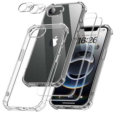 SOGUDE 5 en 1 Coque pour iPhone 16e avec 2 Verre Trempé et 2 Caméra Protecteur, Étui de Protection Antichoc avec Coussin d'air Intégré Mince Bumper Housse - Transparente