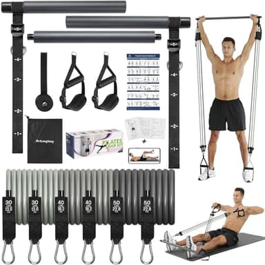 ALongSong Elastiques de Musculation Barre de Pilates avec 6 Bandes de Résistance Élastique 240LBS Ancrage de Porte Réglable Amovible pour Fitness Yoga Étirement Squat