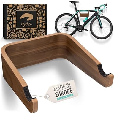 madeco Support mural pour vélo en bois - FlyBike S Noyer - Support mural de vélo design pour appartement - Pour vélo de course, vélo gravel, vélo de montagne, fixie, vélo singlespeed