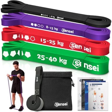 SENSEI® Set De Bandes De Résistance avec Ancrage De Porte (1–40 kg) – 4 Élastiques Fitness pour Musculation Et Aide À La Traction – Kit De Bandes avec Guide D'Exercices