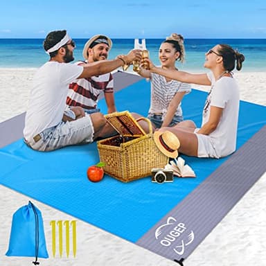 OUGEP Tapis de Plage Imperméable, Couverture de Plage Large Anti Sable Drap de Plage pour Plage, Camping, Picnic, Parc, Voyage ect Les Èvénements en Extérieur (Bleu/Gris, 200 x 230cm)