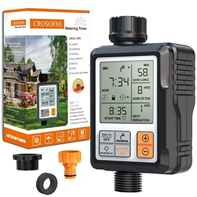 CROSOFMI Programmateur Arrosage Automatique Minuteur Arrosage pour Jardin Programmateur Robinet Arrosage Connecté/Mode Verrouillage Enfant/Mode Automatique & Manuel/Retard De Pluie/IP65 Étanche