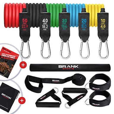 BRANK SPORTS® Kit Complet d'élastiques Musculation avec poignées | Résistance Ajustable équivalent Poids de 5 à 68kg | Pack Bandes Elastiques Musculation de 13 Accessoires | Marque française