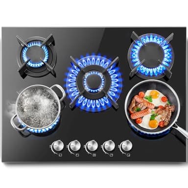 SNDOAS Plaque de Cuisson Gaz 5 Feux, Plaque à Gaz 5 Feux, Table de Cuisson 70cm, Cuisinière Encastrable, Conversion Gazs Naturel/Propane, 10400W Cuisinière à gaz en Verre Trempé Noir, Arrêt Auto