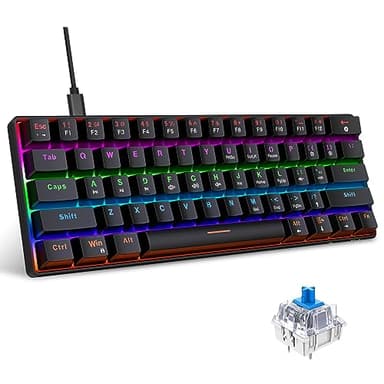 Snpurdiri Clavier 60% Mécanique Noir Filaire QWERTY, Clavier Gaming Mini avec 61 Touches Blue Switches pour Windows XP, Win 7, Win 8, Win 10, Android, Mac OS