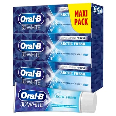 Oral-B 3D White Arctic Fresh Dentifrice Éliminant Des Taches Pour Des Dents Plus Blanches Dès Le Premier Brossage, Doux Pour L’Émail, Arôme Menthe Poivrée Et Menthe Verte, Lot De 3 x 75ml