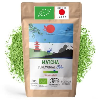 ORIGEENS THE MATCHA CEREMONIE BIO SHIKA - Thé matcha Bio Japonais, origine Shizuoka - Matcha Latte/Usucha - Poudre de Thé Vert Matcha Cérémonial, sachet recharge 30g
