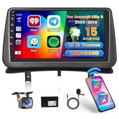 Hikity 2+64G Poste Autoradio pour Renault Clio 3 2005-2014 avec Carplay Android Auto, 9 Pouces Écran Tactile Android 15 Radio avec Lien Miroir FM/RDS EQ WiFi Bluetooth GPS SWC Caméra