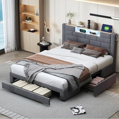 LONELYO Lit Double 160x200 avec Coffre de Rangement & LED/USB – Velours Gris Capitonné, Table de Chevet à 2 Tiroirs – Cadre avec Éclairage Intégré & Prises UE [Design Moderne]