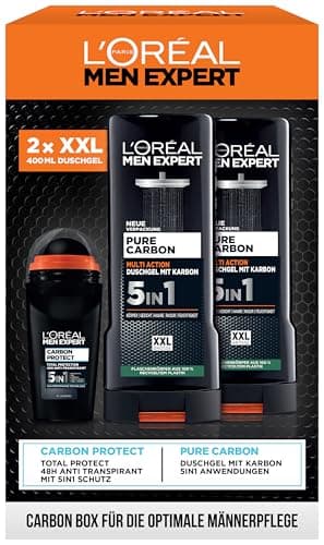 L'Oréal Men Expert Coffret cadeau pour homme avec déodorant 5 en 1 et gel douche XXL 5 en 1 pour cheveux, corps et visage, pack avantageux avec déodorant Carbon Protect et nettoyant corporel Pure