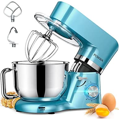 Robot Pâtissier, POWWA 1500W Pétrin Professionnel, Silencieux Robot de Cuisine Multifonctionn Pétrisseur avec Batteur Électrique, Batteur, Fouet, Couvercle, Bol 6.2 L-Bleu