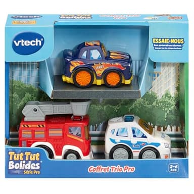 VTech - Tut Tut Bolides Série Pro, Coffret Trio Pro, 3 Voitures Enfant, Police, Camion de Pompiers et Voiture de Course, Jouet Musical et Sonore, Cadeau Enfant de 2 Ans à 6 Ans - Contenu en Français