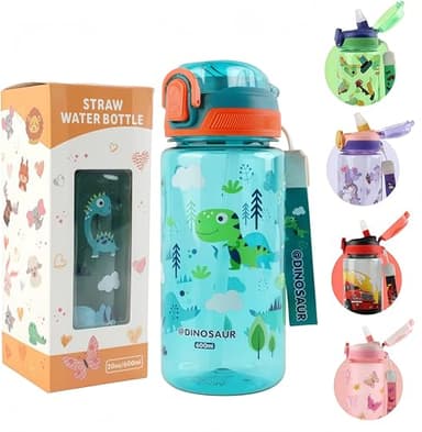 MHwan Gourde Enfant, 600 Ml, Robuste, Incassable, Anti Fuite, Sans BPA, Ouverture par Simple Pression, Facile à Nettoyer, avec Paille, Idéale pour l'École et l'Extérieur