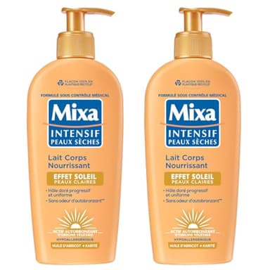 Mixa Intensif Peaux Sèches - Lait Corps Nourrissant Effet Soleil - Autobronzant - Hâle Doré Naturel Progressif et Uniforme - Peaux Claires - Hypoallergénique - Lot de 2, 250ml