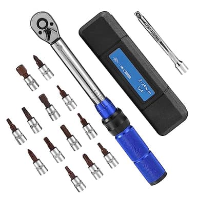 Vusdddy Lot de 16 clés dynamométriques professionnelles 1/4" pour vélo et moto, 2-24 Nm, précision ±3 %, 72 dents, avec clé à cliquet, rallonge, six pans creux et embouts Torx