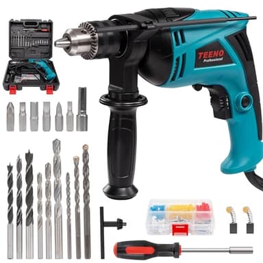 Perceuse à percussion filaire TEENO, 710 W, 230 V, 0-2800 tr/min, vitesse réglable en continu, avec bouton rotatif, diamètre de perçage : bois 25 mm, métal 13 mm, bleu