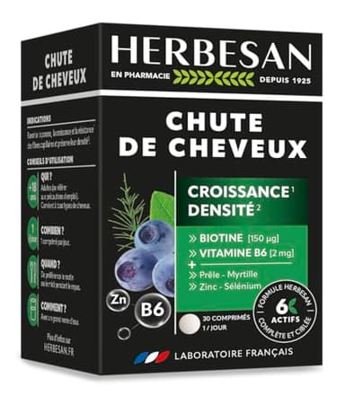 HERBESAN - CHUTE DE CHEVEUX - Croissance & Densité - 6 actifs à l'action ciblée et complète dont Biotine, Prêle, Myrtille, Zinc & Sélénium - 30 comprimés