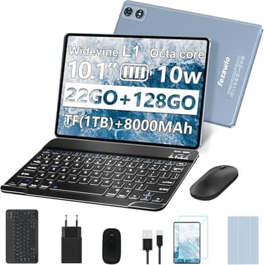 fezawio Tablette Tactile 10 Pouces Android 14, 22Go RAM+128Go ROM(Extensible 1To)|5MP+8MP|5G Wi-FI|Certifié Widevine L1|Processeur Octa-Core|8000mAh|Clavier+Souris+Coque de Protection Inclus (Gris)