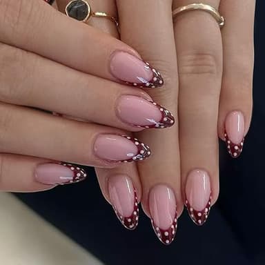 Faux Ongles Court MouyouGlow,Amande Nude Bordeaux Rouge Foncé Pois French Design Short Style Rétro-chic Press on Nails,Dark Wine Red Polka Dots Tips Printemps Et Automne Fake Nails