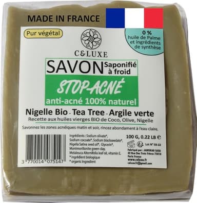 savon anti acné Nigelle bio Tea Tree Argile verte 100% naturel saponifié à froid : peaux grasses et acnéiques, antibactérien, antifongique :Corps Visage. (lot de 1 unités:100 Gr)