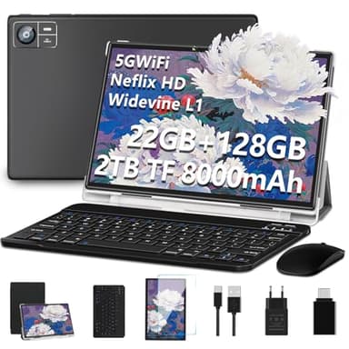 Tablet Android 14 Newest 10 Pollici 22GB RAM+128GB ROM(1TB TF), 8000mAH,Octa-Core,2.0Ghz, WiFi5G+2.4G, GPS, 8MP + 5MP, Bluetooth 5.0, Tablet PC Con Étui de Protection, Clavier, Souris, Noir