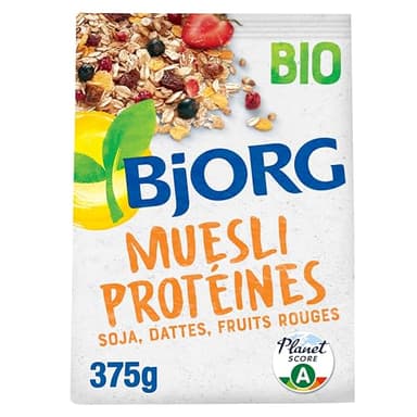 BJORG - Muesli Protéines - Soja, Dattes, Fruits Rouges - Riche en Protéines - Source de Fibres - Céréales Complètes Avoine et Blé - Bio - 375g