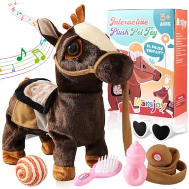 Marsjoy Cheval noir musical dansant en peluche interactive poney marche le long robot en peluche jouet marcheur pour garçons et filles enfants ou tout-petits H : 30 cm