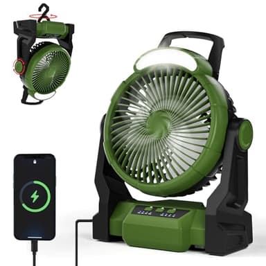 GuKKK Ventilateur Camping, Ventilateur Portable Rechargeable 15000mAh, Ventilateur Puissant avec Lumière LED et Crochet, Timer, 3 Vitesse Ventilateur de Bureau pour Exterieur Maison Camping Car