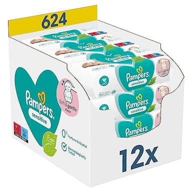 Pampers Lingettes Bébé Sensitive, 624 Lingettes (Lot de 12 x 52), Sans Parfum ni Alcool, Aident à Protéger la Peau des irritations, Pour Une Toilette Douce Et Délicate, Testées Dermatologiquement
