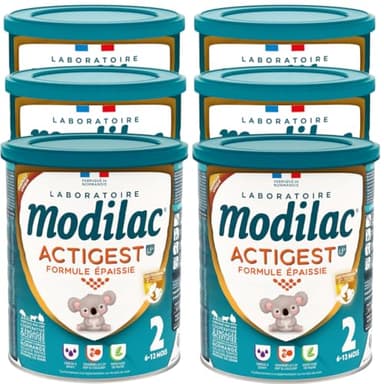 Modilac - Lait Infantile en Poudre Actigest Lf+2 - Formule Épaissie - Fabriqué en France Sans Huile de Palme - 2eme Age, de 6 à 12 Mois - Lot de 6x800g
